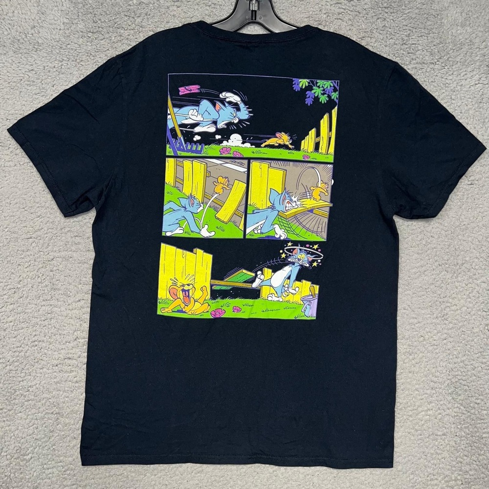 Tom & Jerry Comic Panel T Shirt Men's Size Large Black Cartoon Movie 2-Sided Tee